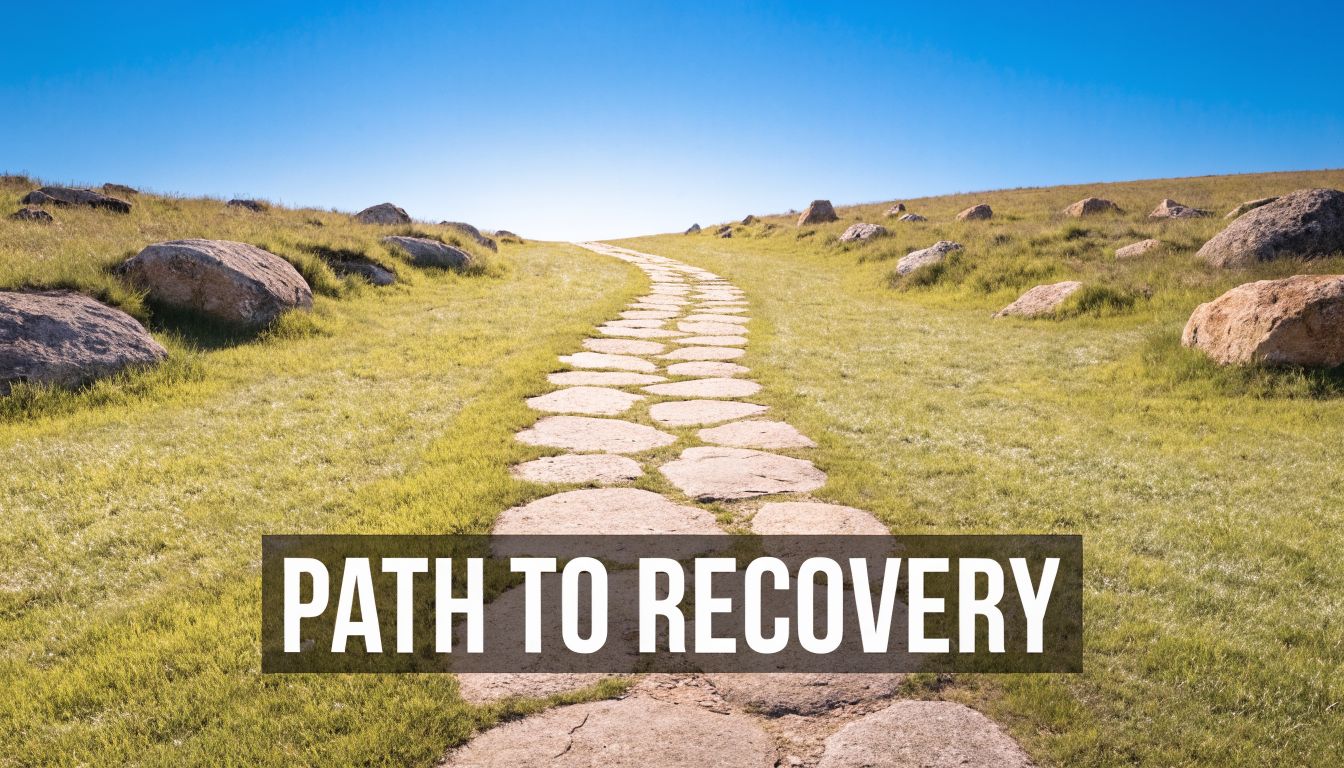 A stone path leading across a grassy hill toward a clear blue sky, symbolizing the journey to recovery.