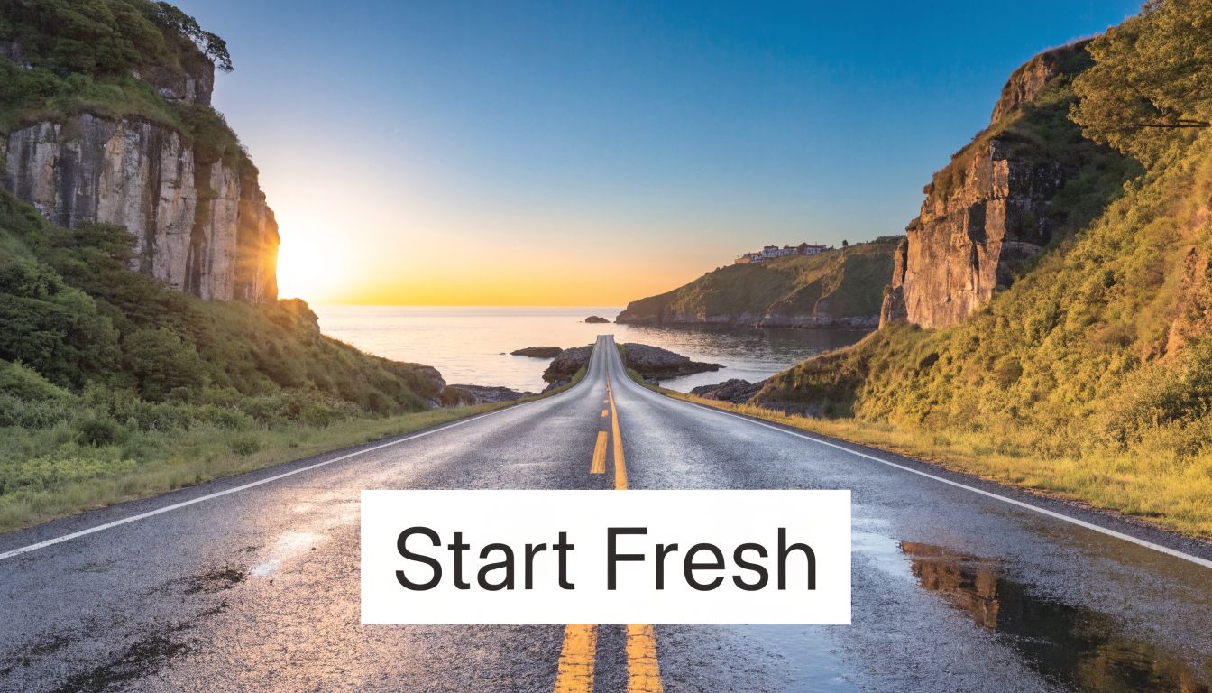 A scenic road leading towards the ocean at sunset with the motivational text Start Fresh overlaid.