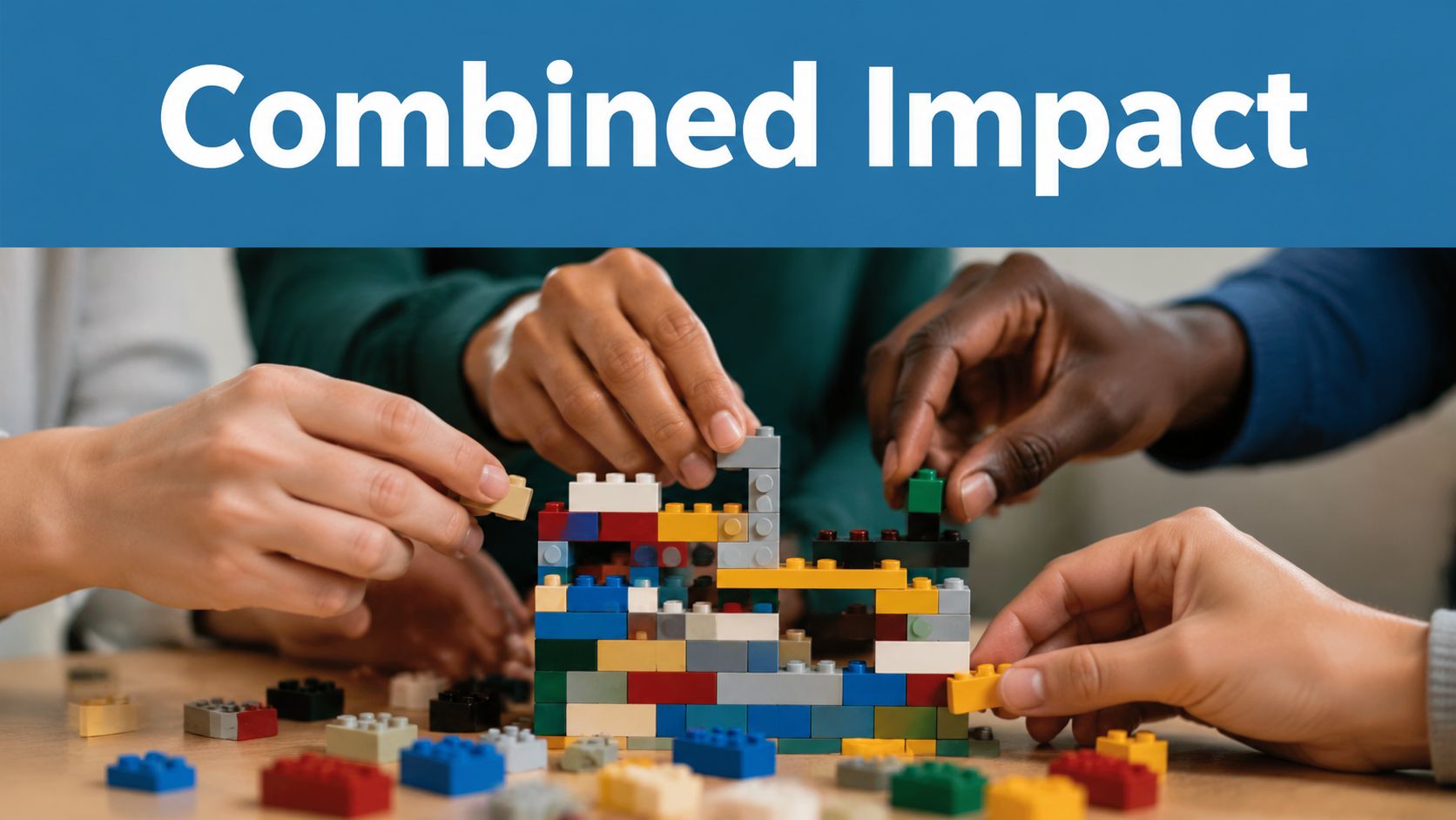 Diverse hands working together to build a structure out of colorful plastic building blocks.