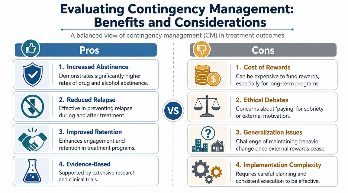 A comparative infographic highlighting the pros and cons of using contingency management in addiction treatment programs.