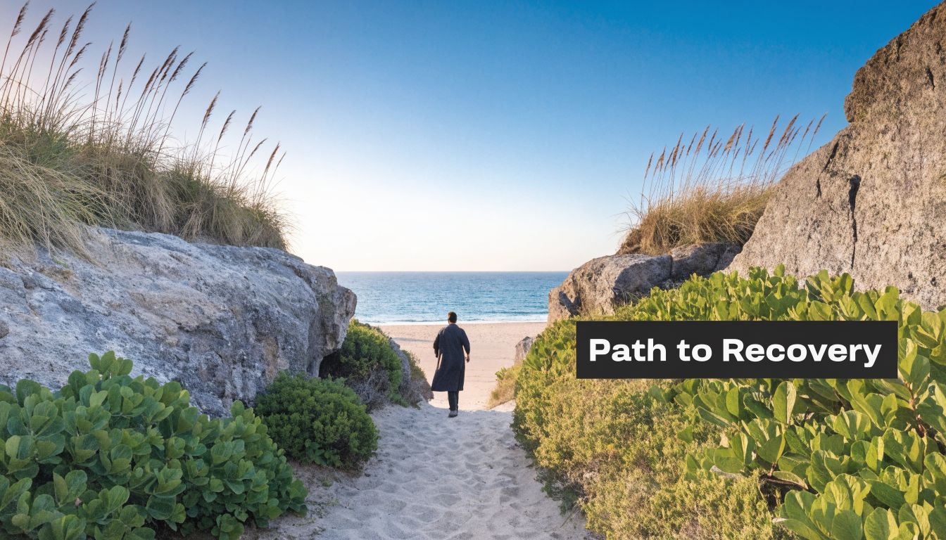 A person walks along a sandy path between rock formations toward a sunny beach and ocean.