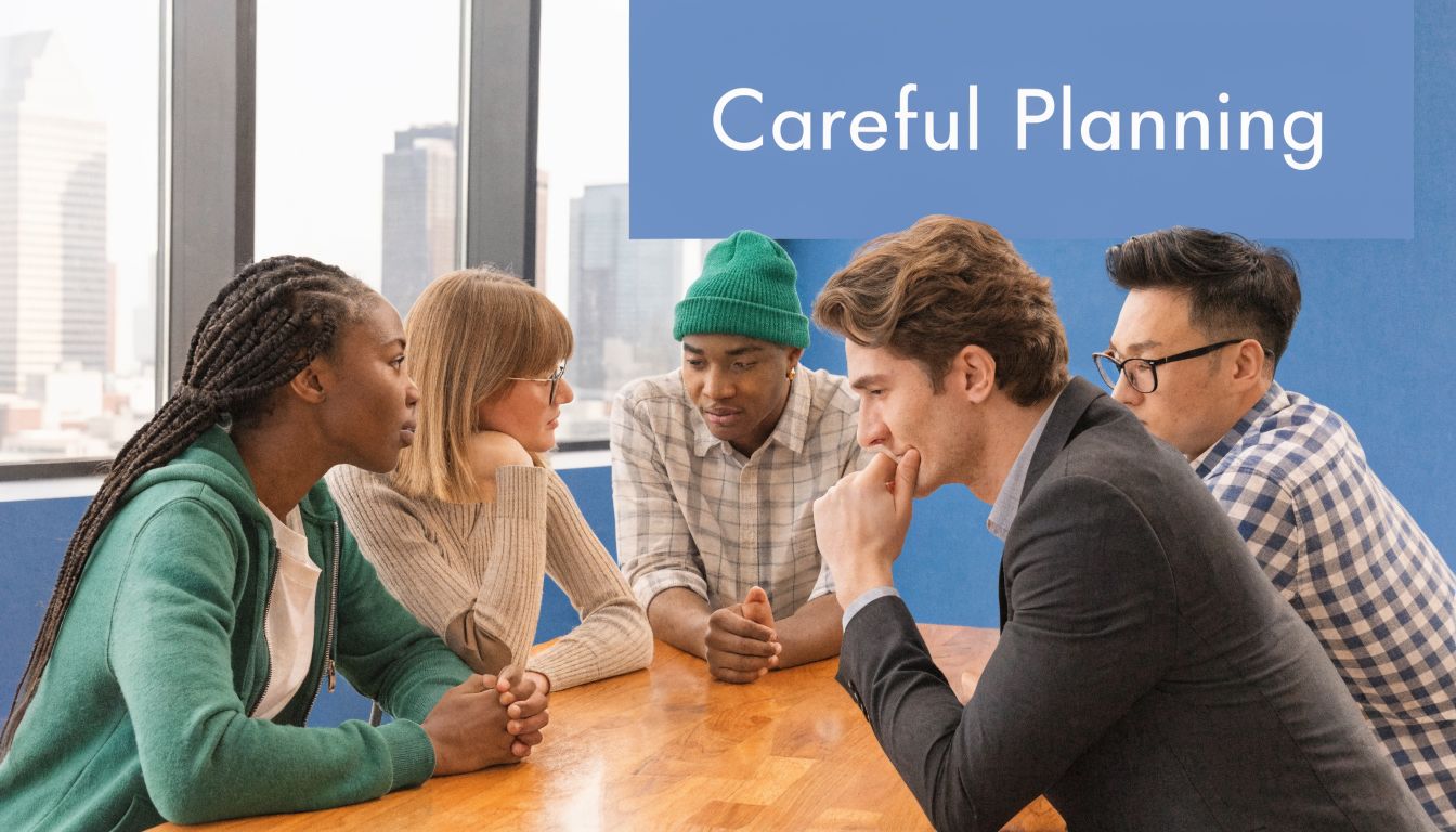 A diverse group of young professionals sitting around a wooden table, engaged in serious collaborative planning.