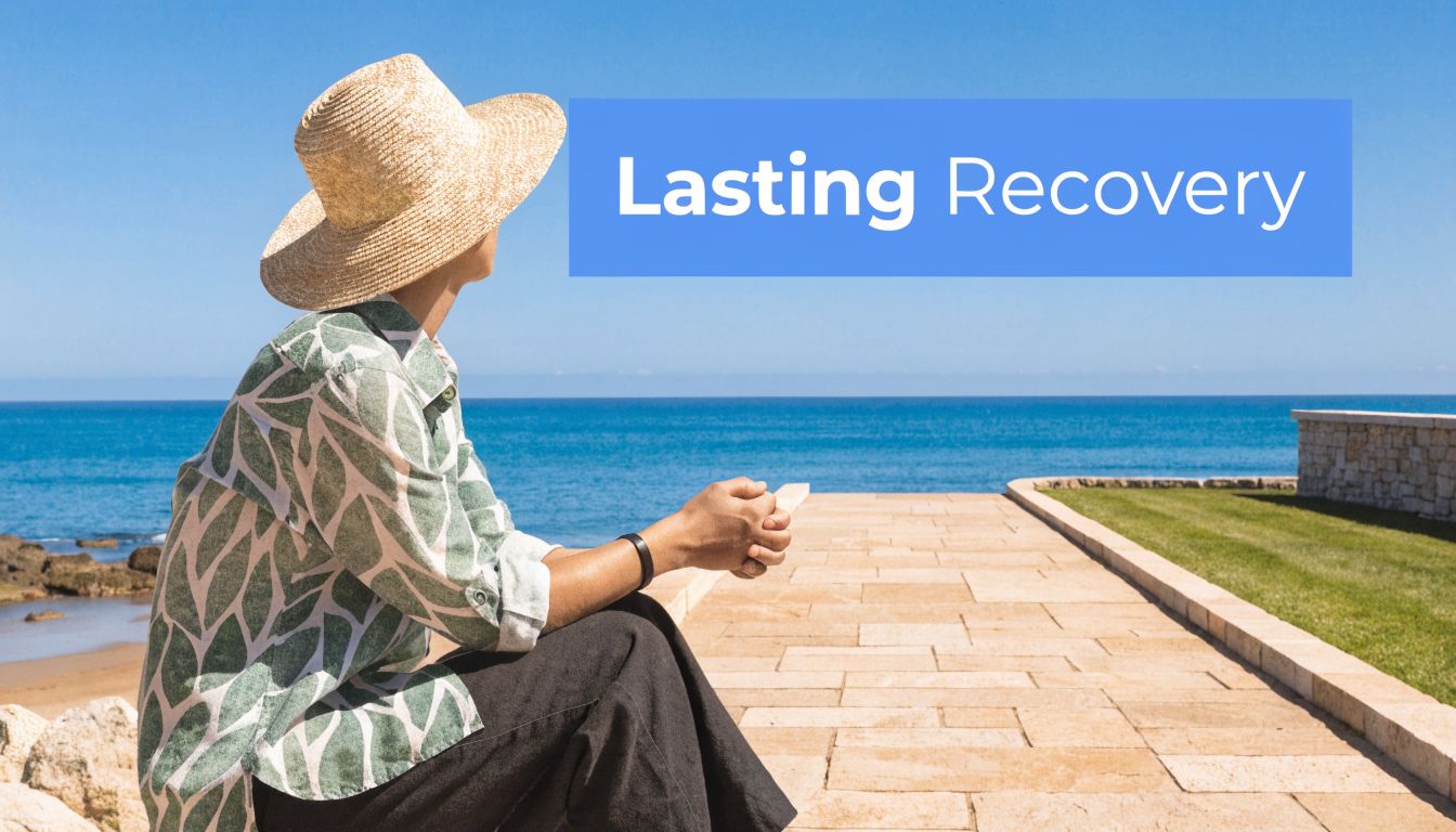 A person wearing a hat sitting by the ocean, with the words Lasting Recovery overlaid on the sky.