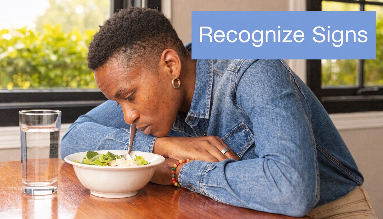 A person sitting at a table with a bowl of salad looking sad and lethargic.