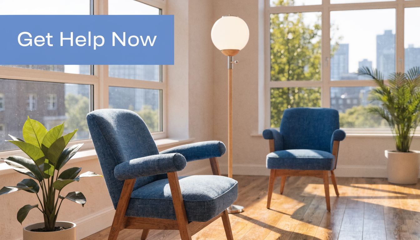 A cozy, sunlit room featuring two blue armchairs, a floor lamp, and two potted green plants.