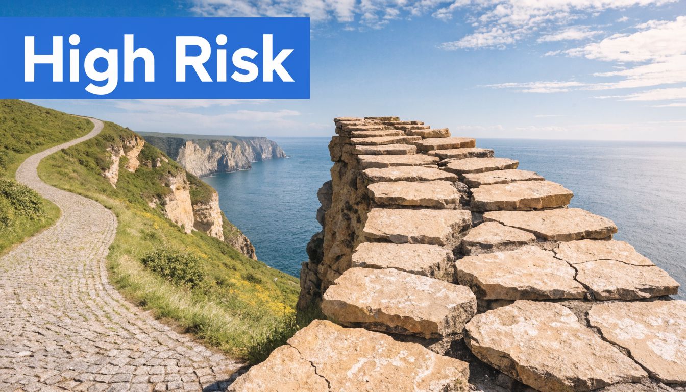 A stone path leading toward a sheer cliff edge overlooking the ocean with High Risk text overlaid.