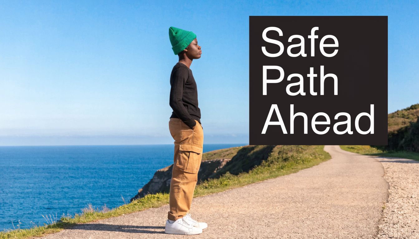 A young man wearing a green beanie standing on a coastal path overlooking the ocean.