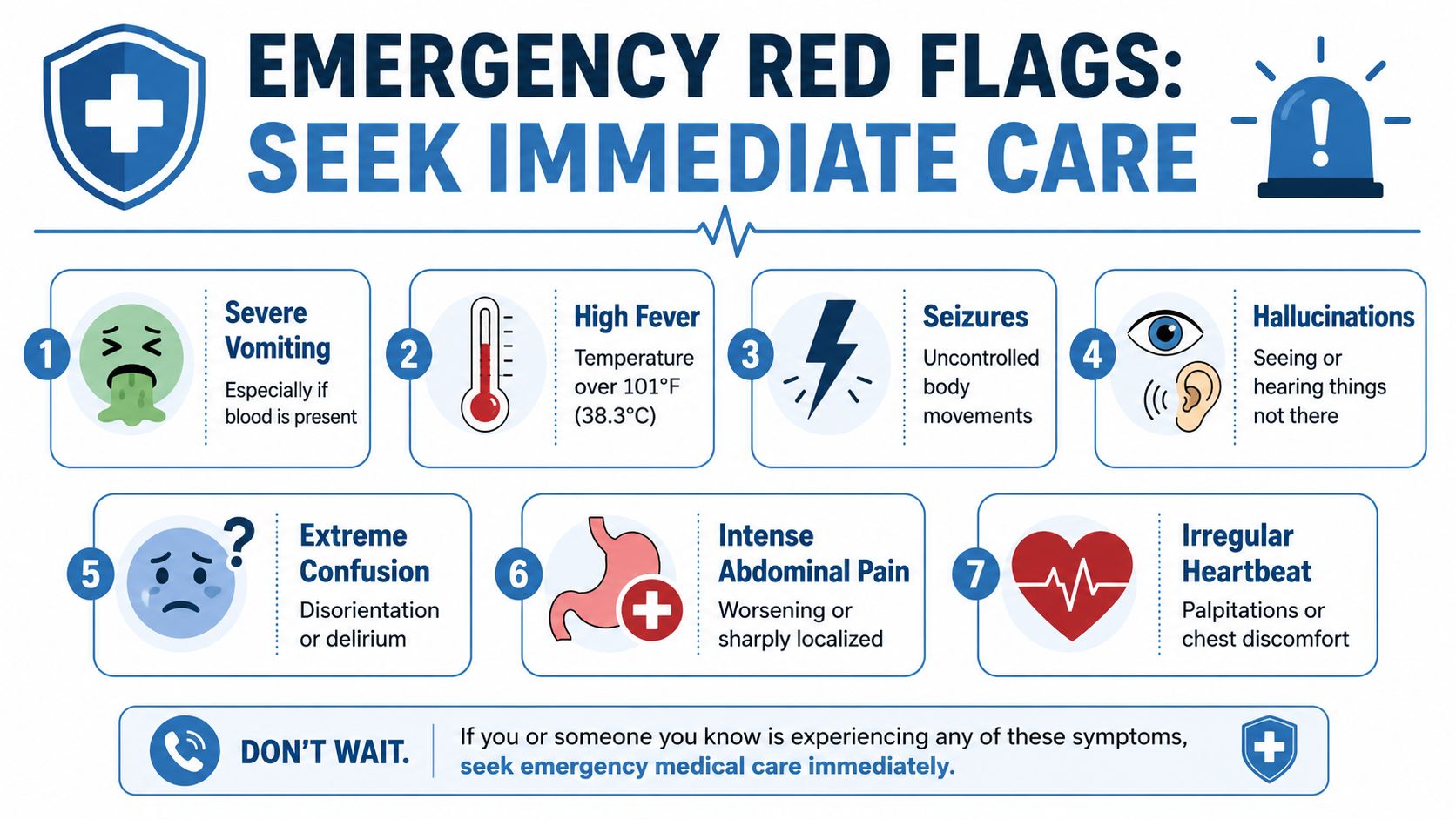 An infographic detailing seven emergency red flag medical symptoms that require immediate care, including severe vomiting and seizures.