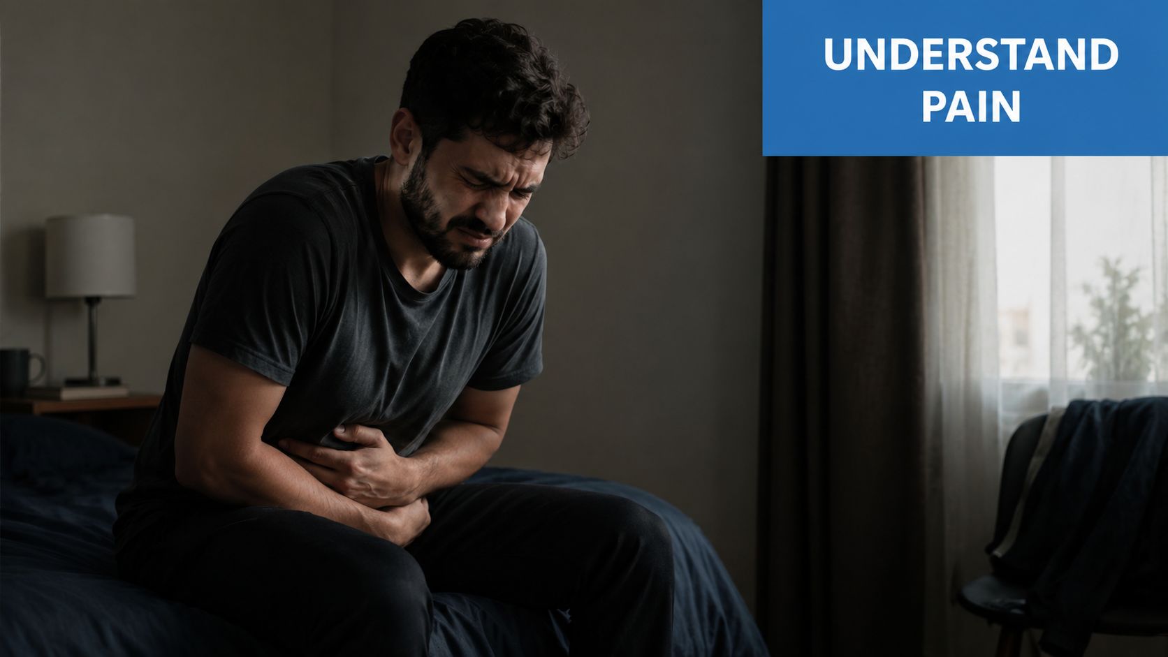 A man sitting on a bed clutching his stomach in physical pain, illustrating abdominal distress.