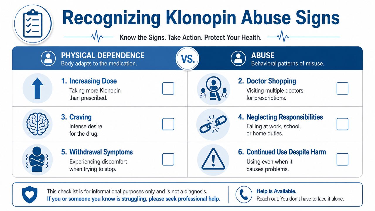 A checklist infographic detailing the physical dependence and behavioral abuse signs of the medication Klonopin.