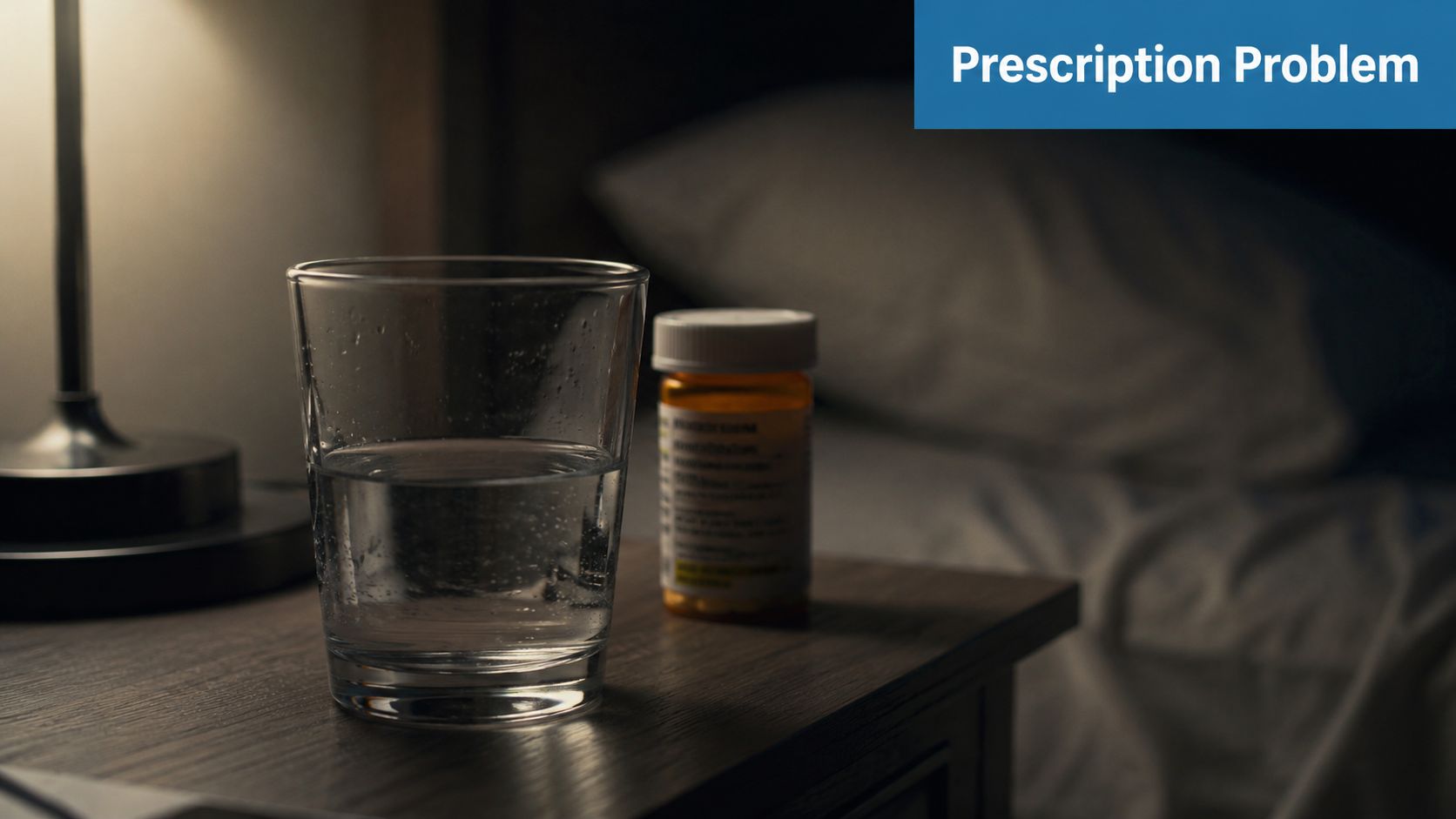 A glass of water and a prescription medication bottle resting on a wooden nightstand at night.
