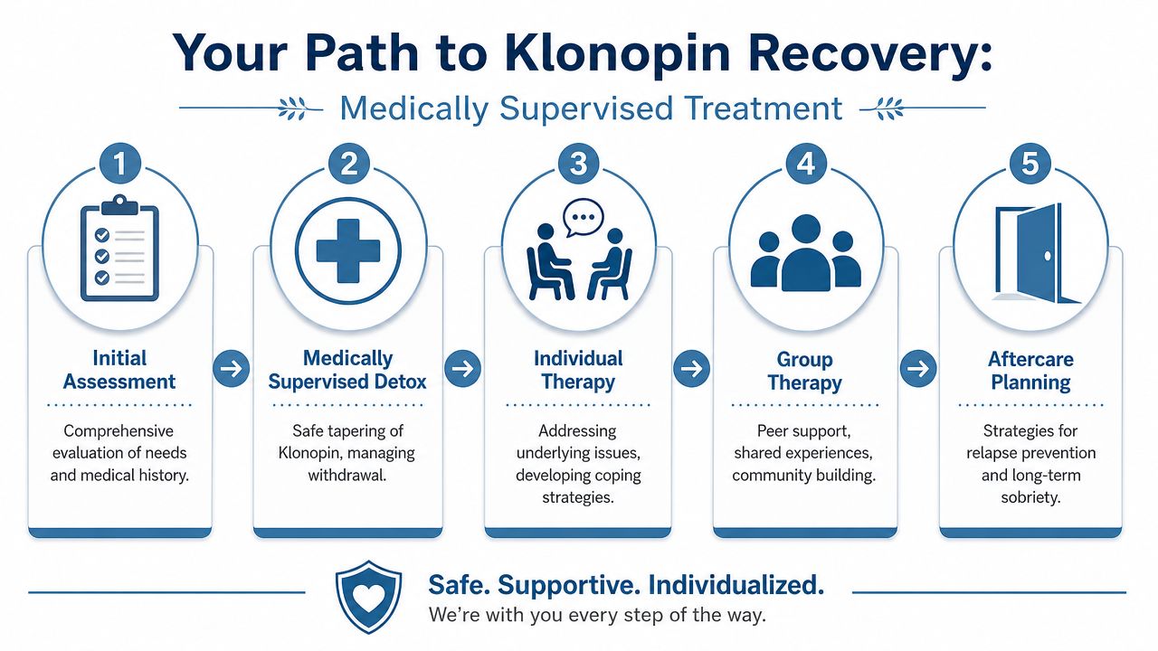 A flowchart showing the five steps of a medically supervised recovery path for Klonopin addiction treatment.