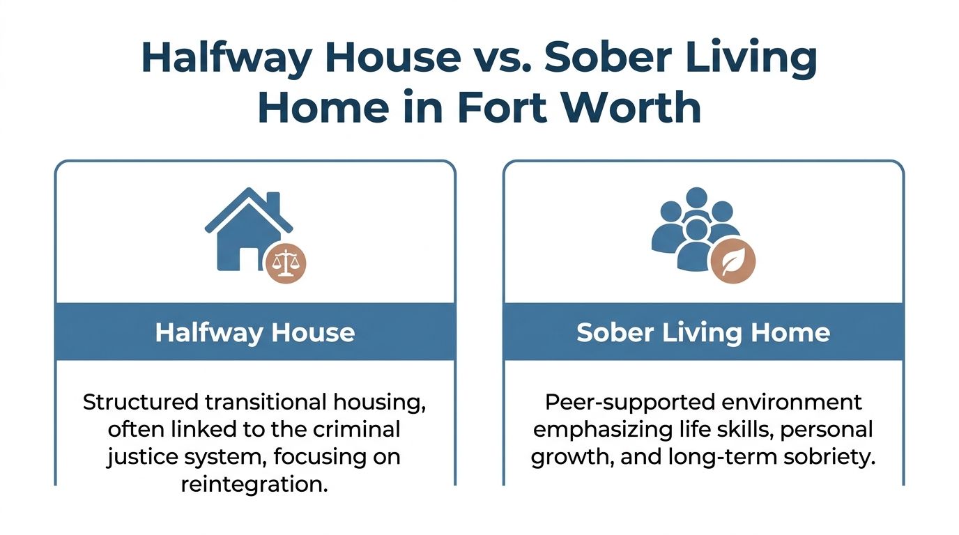 A comparison infographic between a halfway house and a sober living home in Fort Worth, Texas.