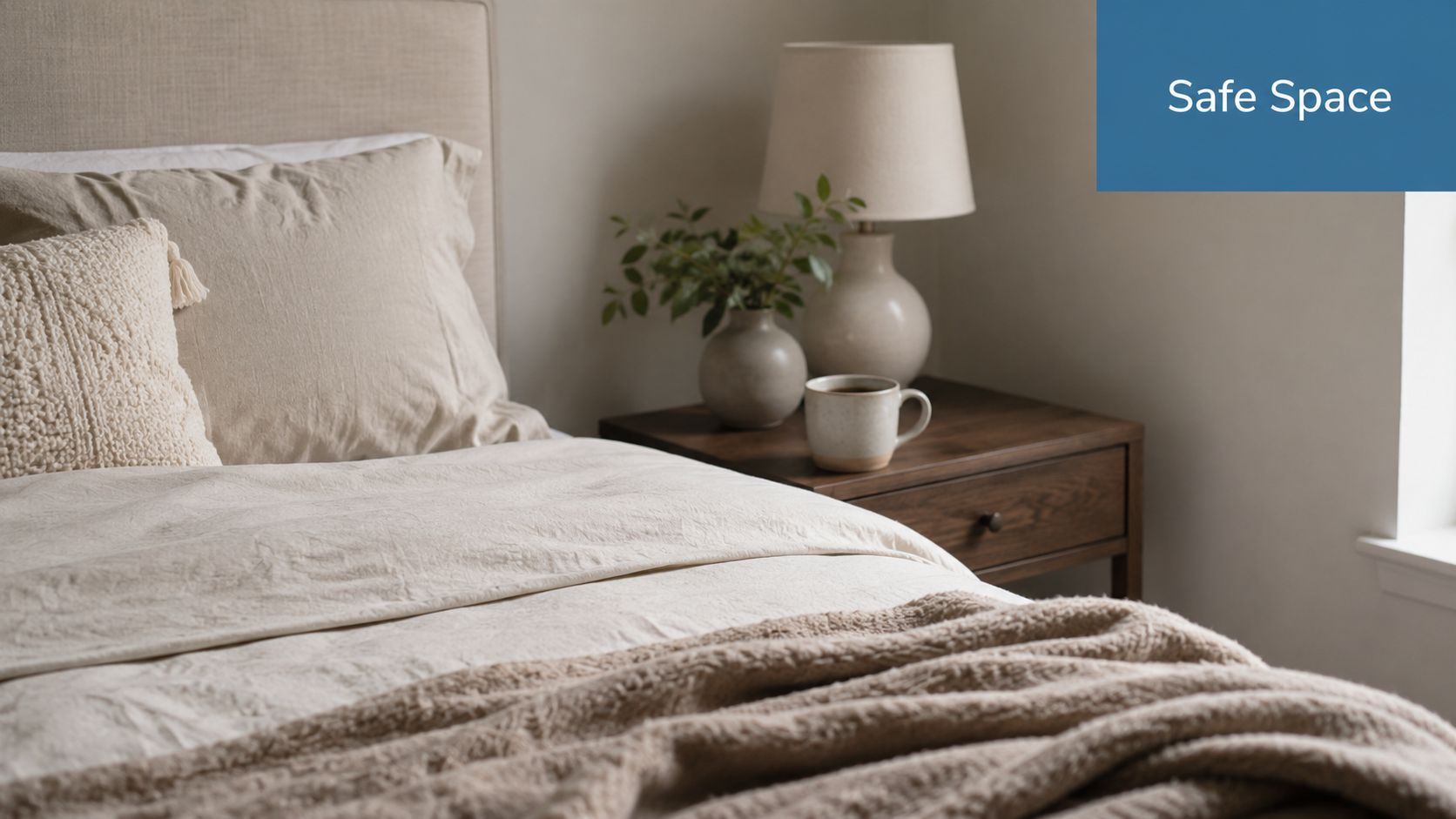 A cozy, calming bedroom scene featuring a neatly made bed with soft linens and a bedside table.
