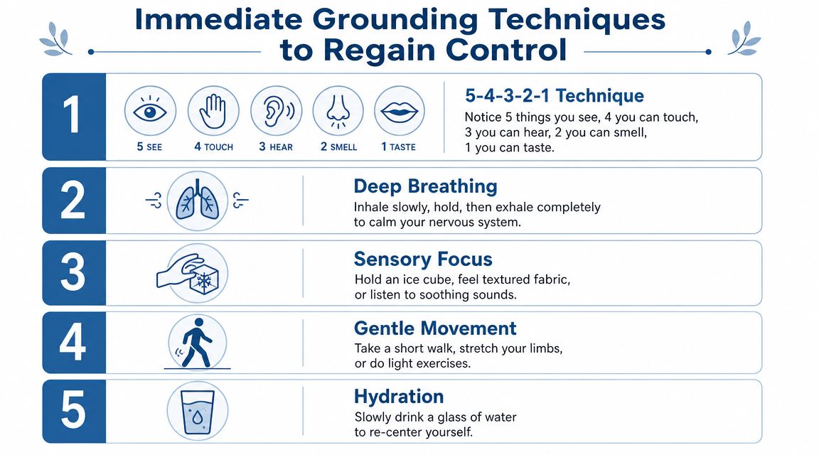 A numbered list infographic titled Immediate Grounding Techniques to Regain Control showing five steps for anxiety relief.