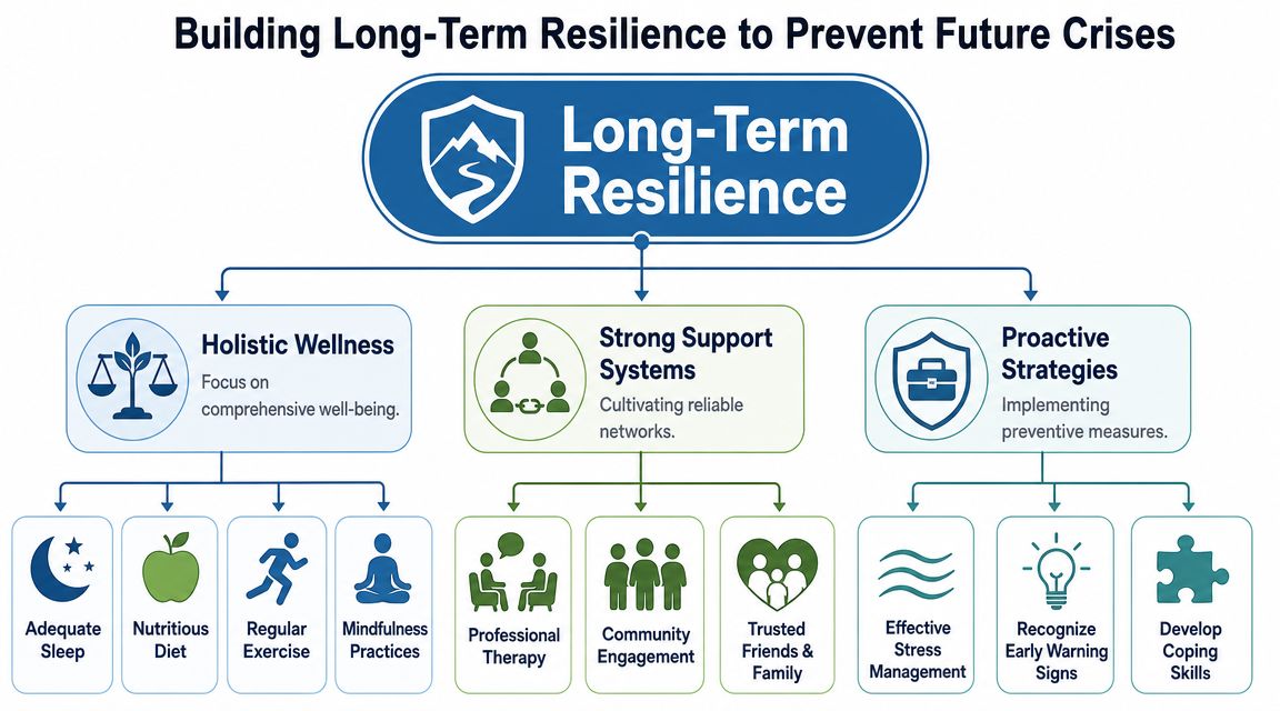 An infographic titled Building Long-Term Resilience showing three pillars for mental wellness and crisis prevention.