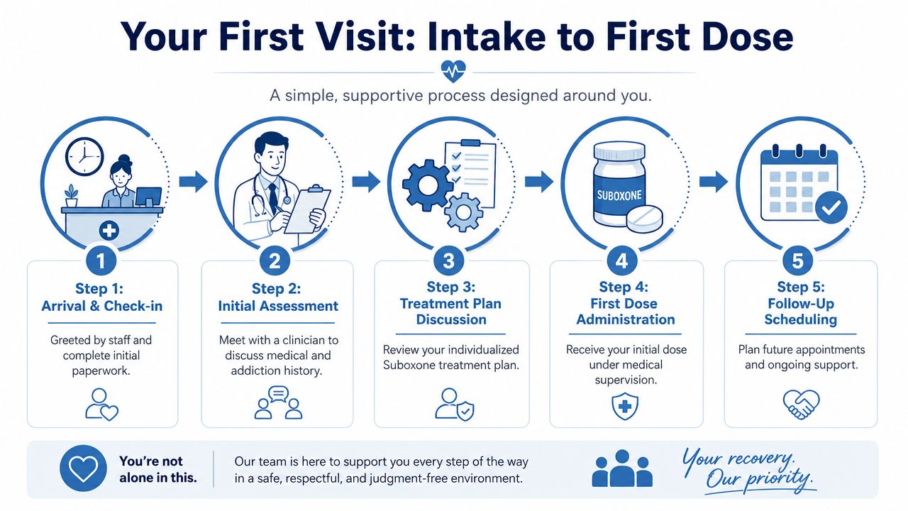 A five-step infographic showing the patient intake process for a Suboxone treatment clinic visit.