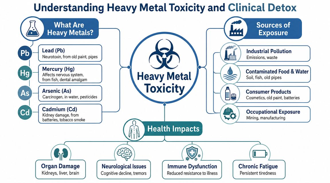 An infographic detailing heavy metal toxicity causes, sources of exposure, and major health impacts on the body.