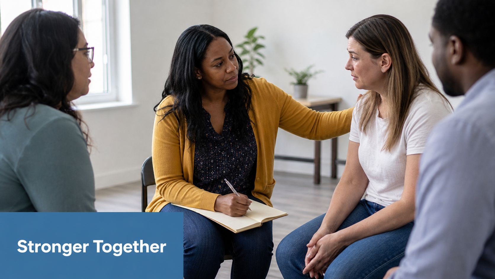 A diverse group of people sitting in a circle during a support group meeting for connection.
