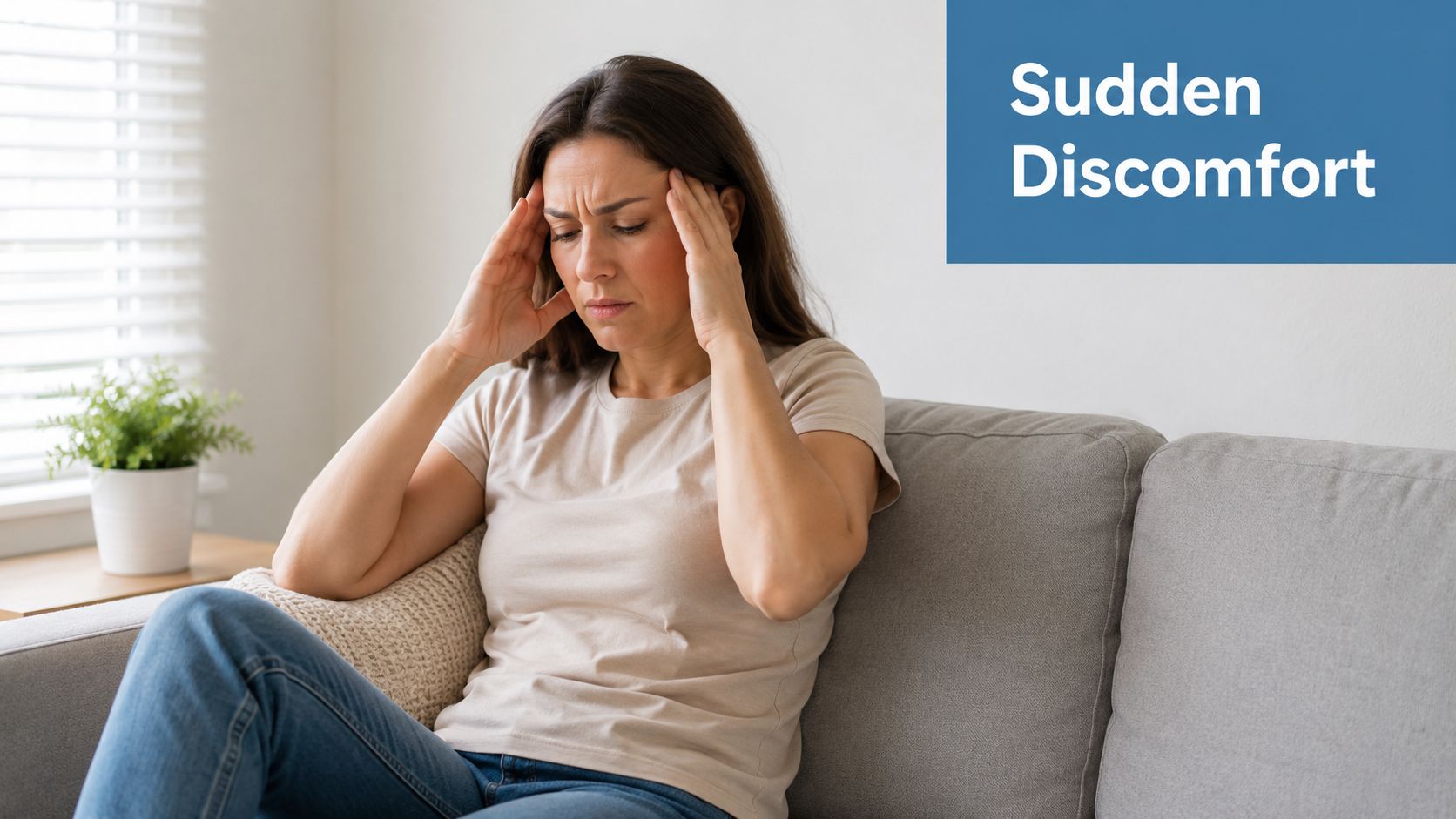 A woman sitting on a grey sofa, holding her head with both hands, experiencing sudden physical discomfort.