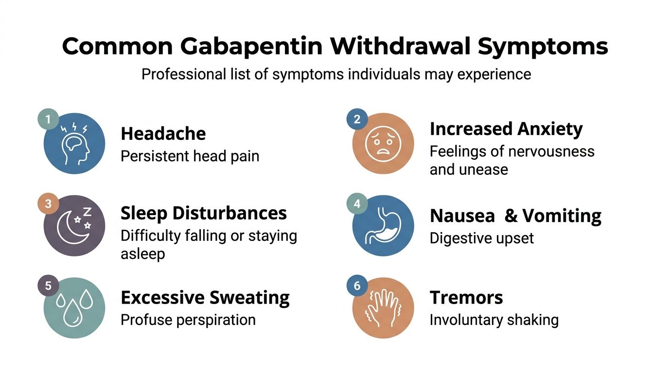 A professional infographic listing six common symptoms of gabapentin withdrawal including headache, anxiety, sleep issues, and tremors.