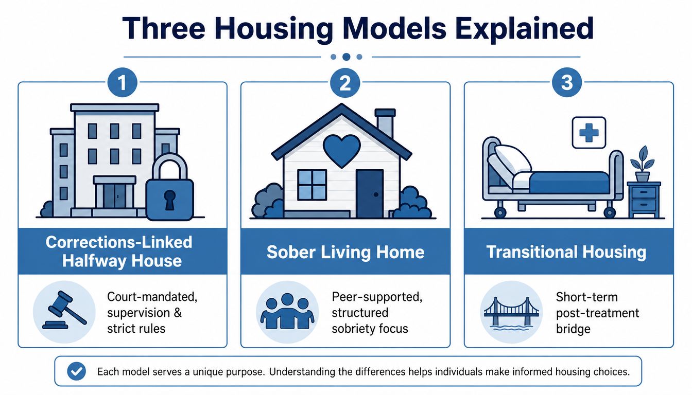 An infographic detailing three types of housing models: corrections-linked halfway houses, sober living homes, and transitional housing.