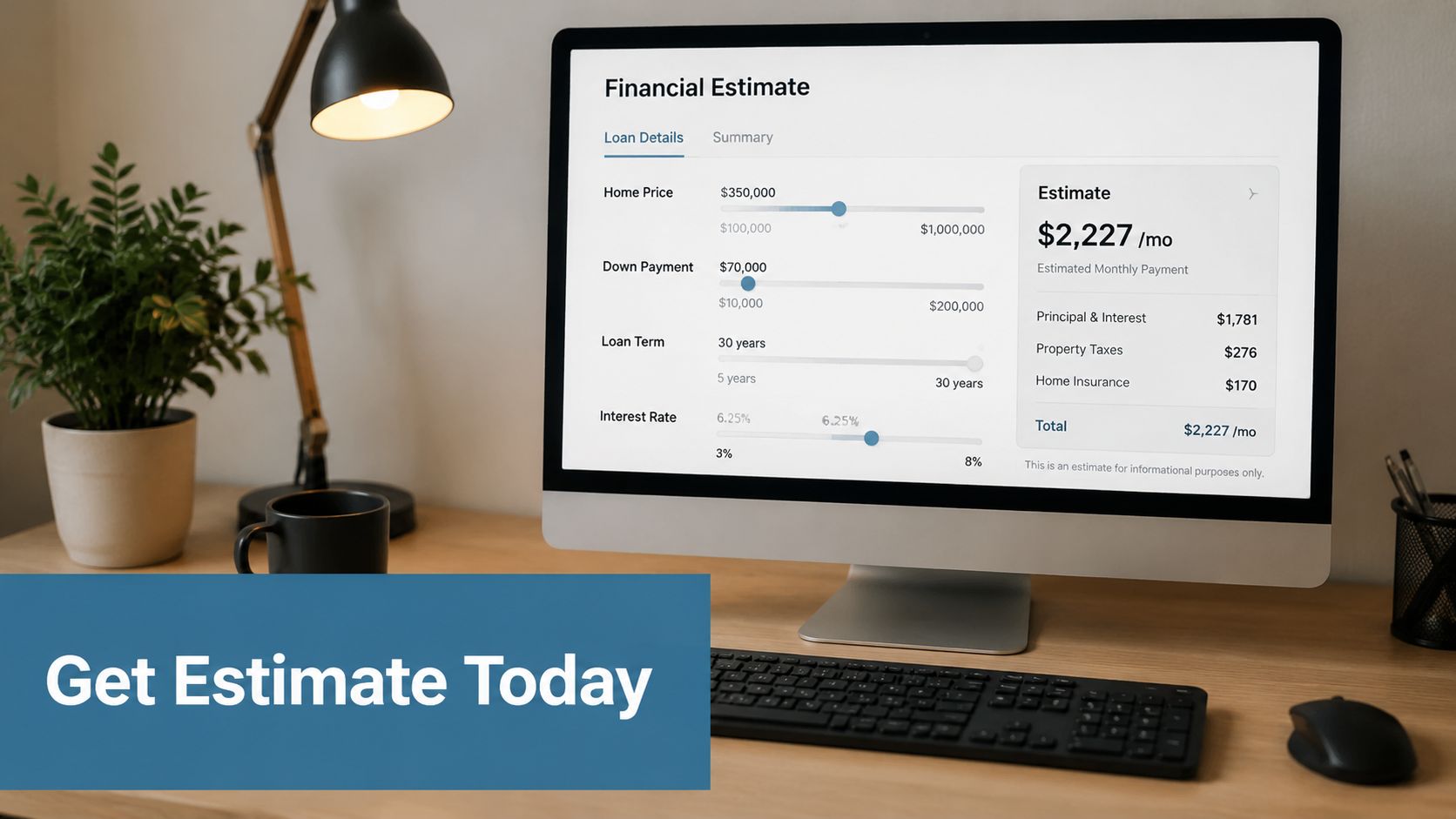 A computer monitor on a desk showing a mortgage financial estimate calculator with monthly payment details displayed.