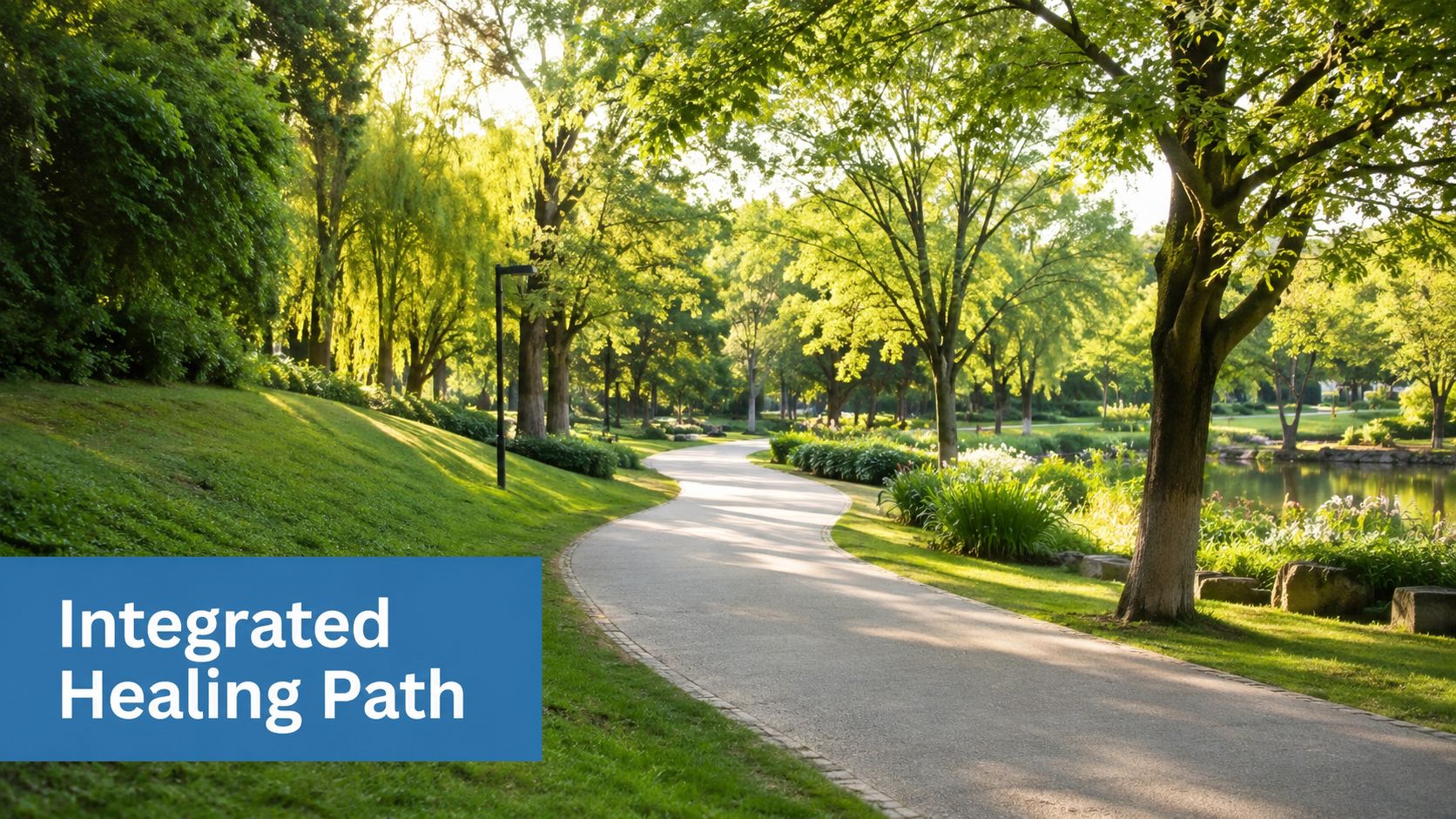 A serene, winding pathway through a lush green park leading towards a calm pond at sunset.
