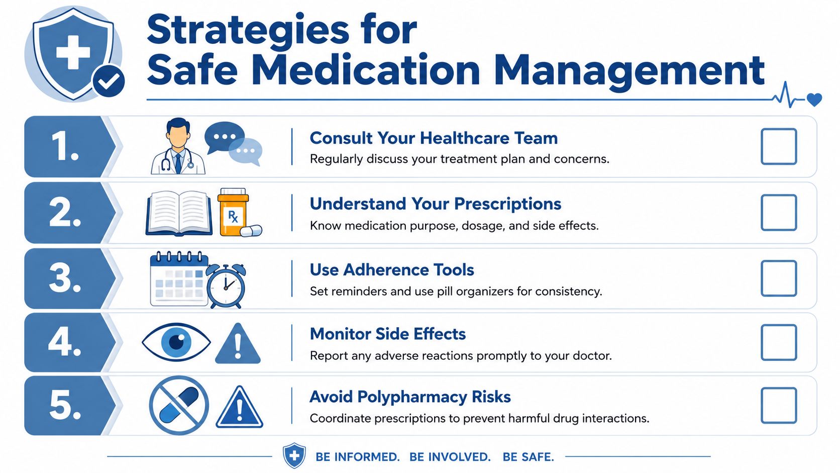 An infographic outlining five essential strategies for safe medication management including consultation and monitoring side effects.
