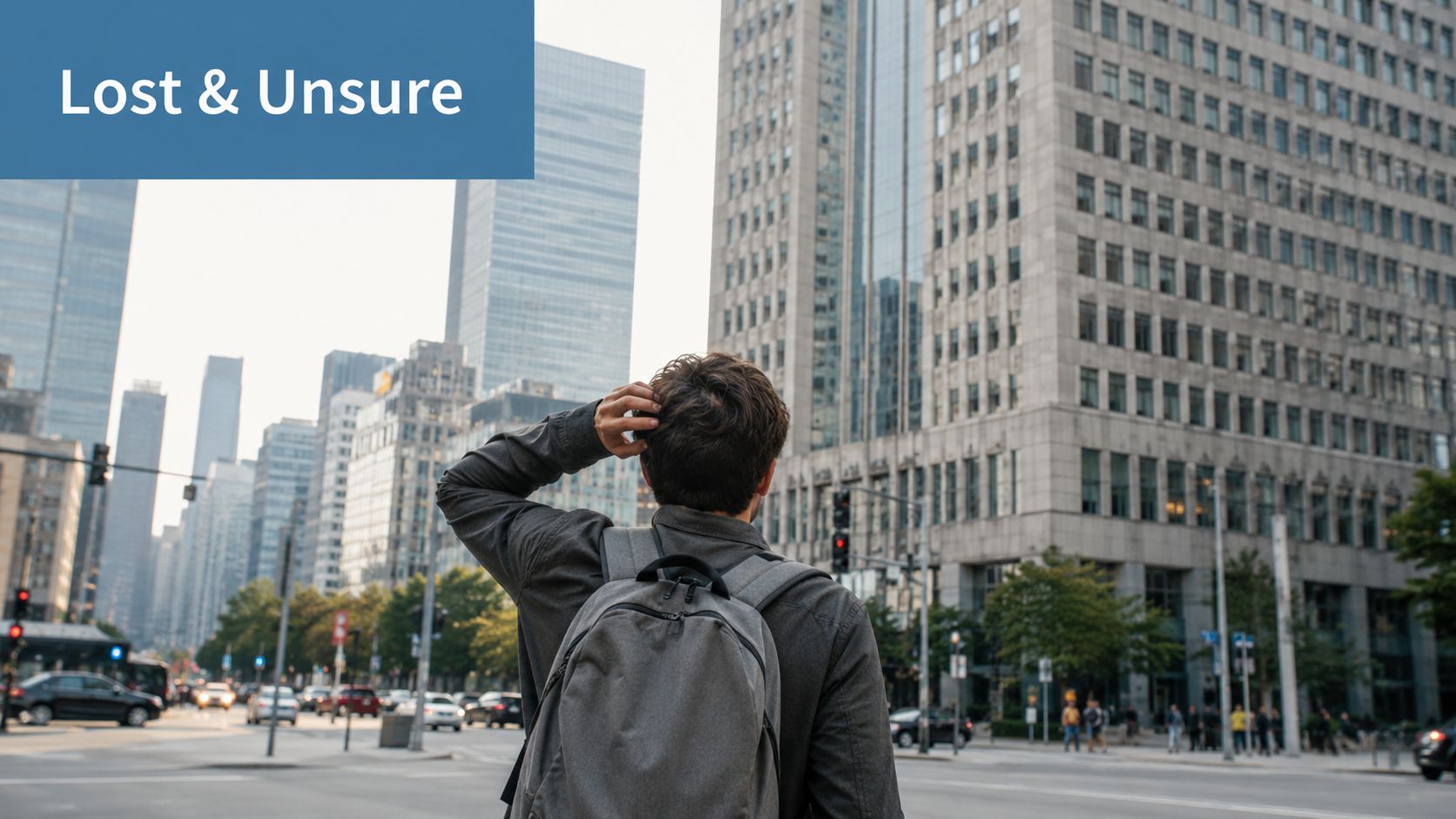 A young person with a backpack standing in a busy city looking confused and lost.