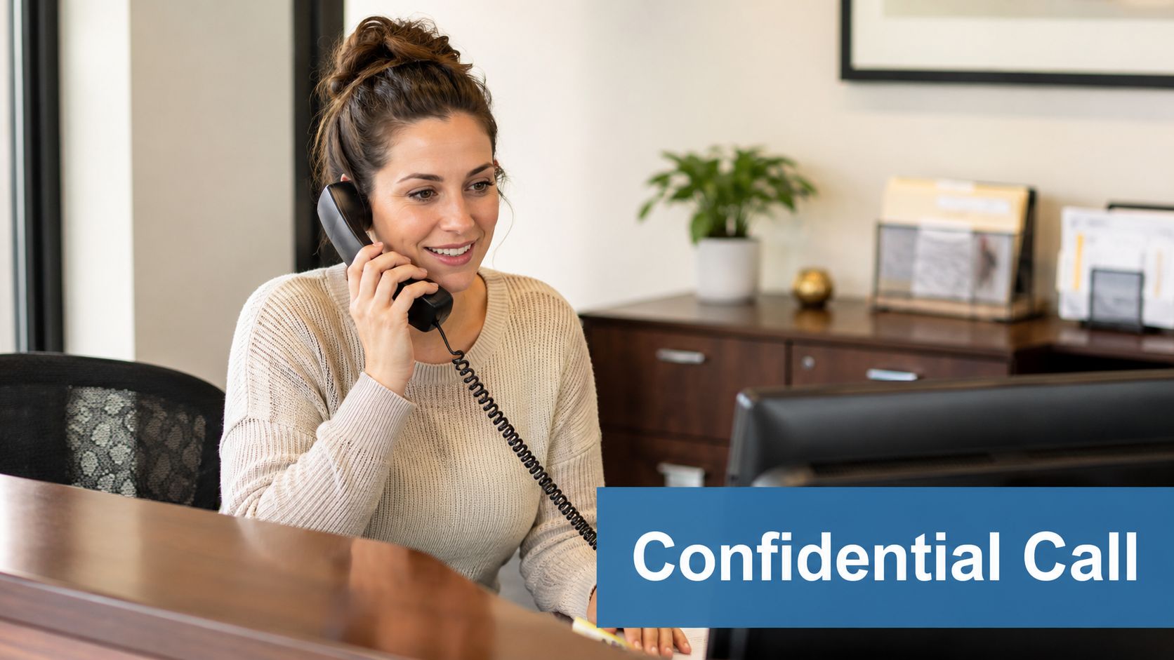 A professional woman in an office setting taking a confidential phone call while working at her desk.