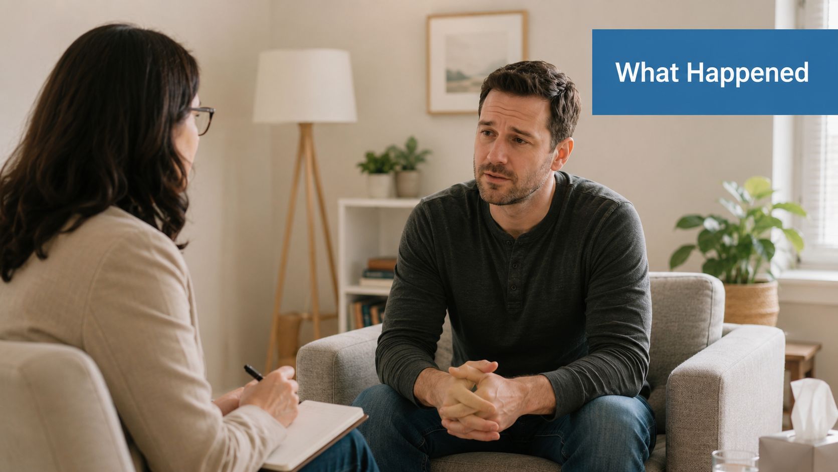 A professional therapist listening as a man sits in a chair and discusses his experiences.