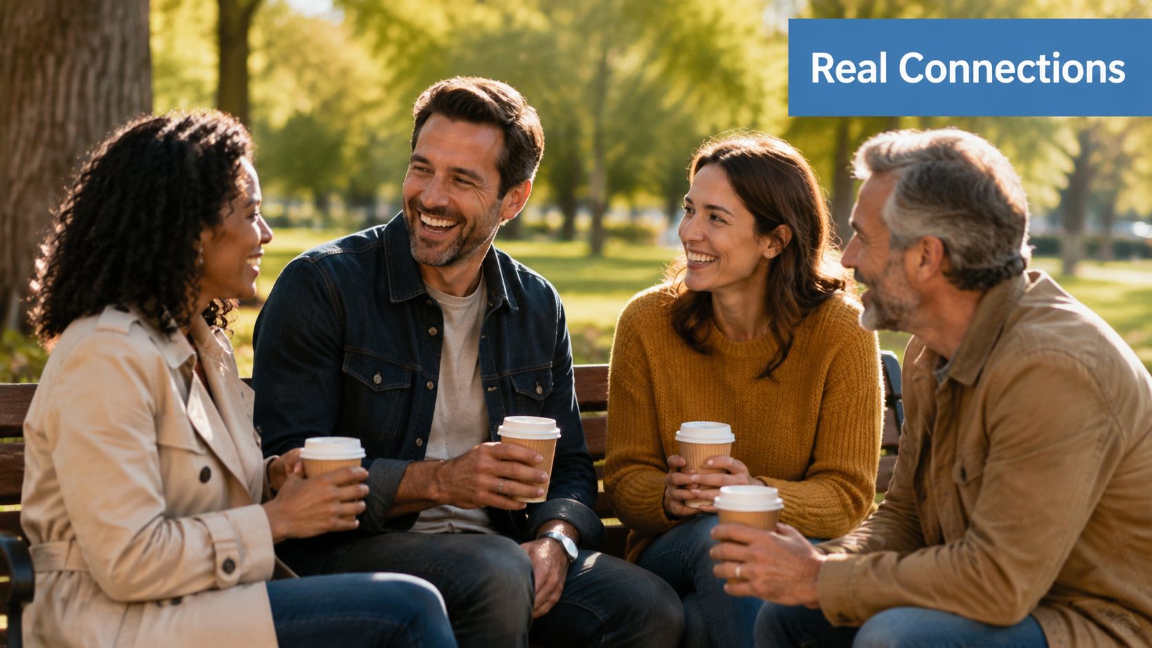 Two couples happily chatting while sitting on a park bench and holding takeaway coffee cups.