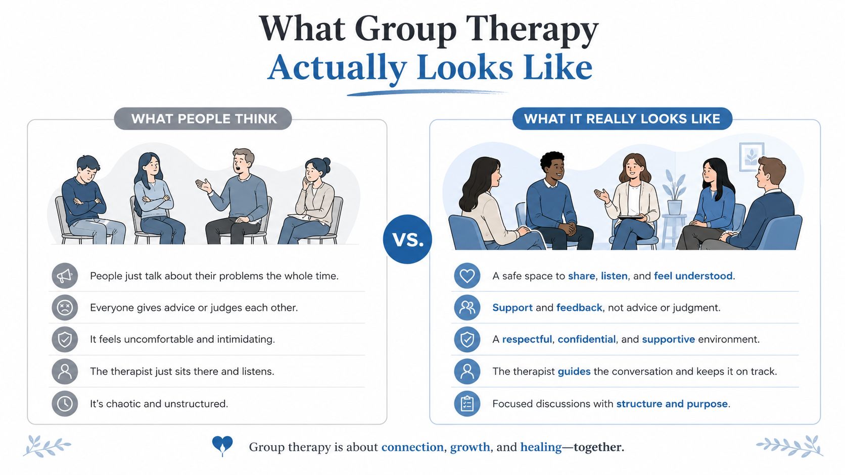 A comparison infographic showing common misconceptions versus the true benefits of participating in professional group therapy sessions.