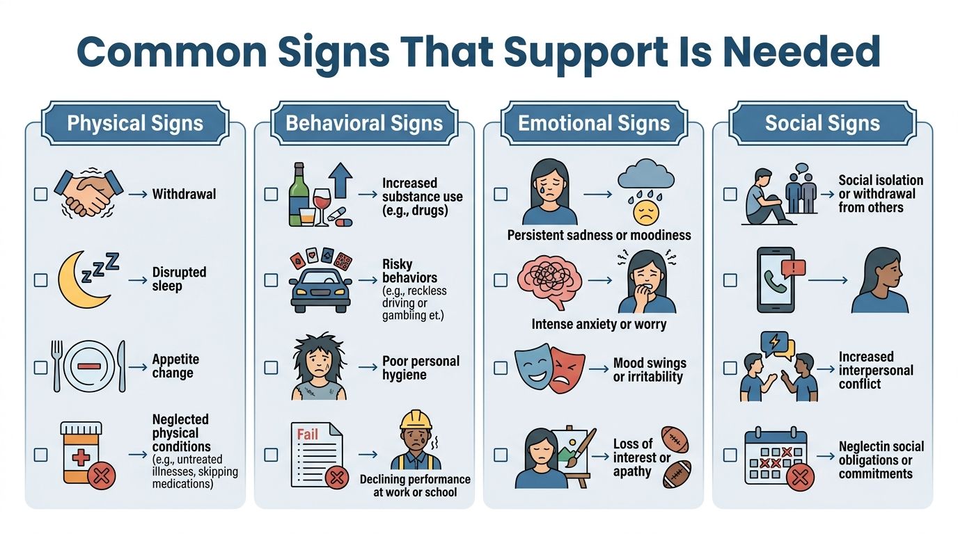 A visual guide illustrating common physical, behavioral, emotional, and social signs that indicate a need for professional support.