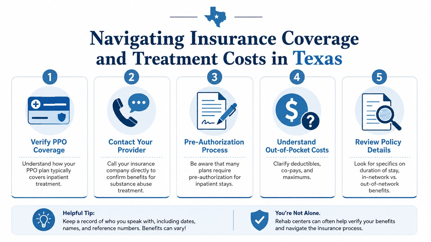 An infographic titled Navigating Insurance Coverage and Treatment Costs in Texas showing five steps for insurance verification.