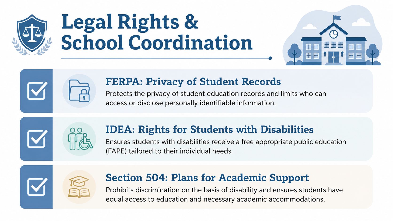An infographic titled Legal Rights and School Coordination, outlining FERPA, IDEA, and Section 504 educational regulations.