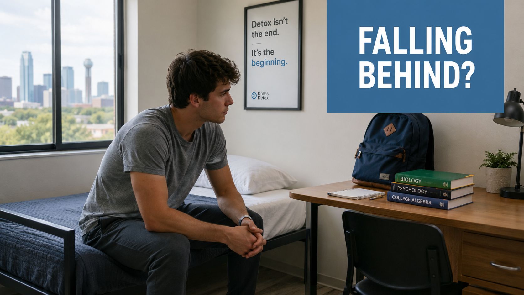 A pensive young man sitting on a bed next to a desk with textbooks in a dorm room.