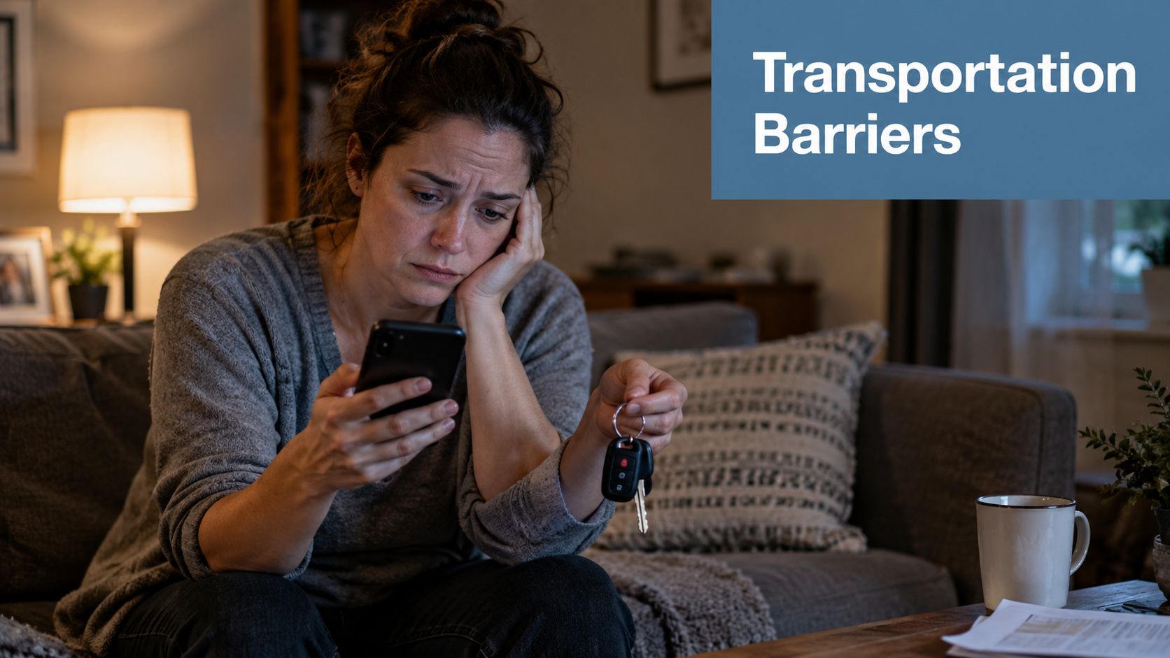 A distressed woman holding car keys and a smartphone, symbolizing challenges related to transportation barriers.